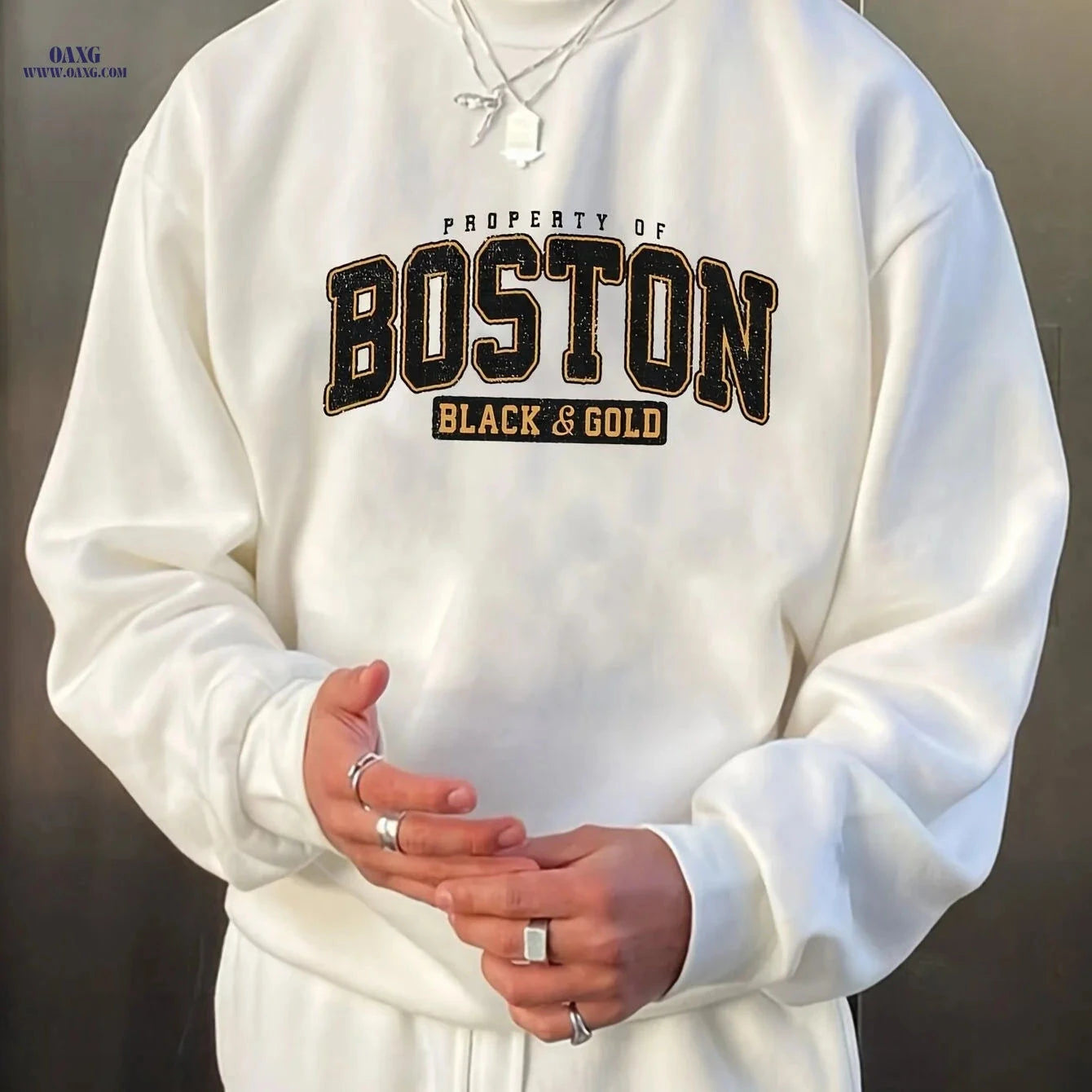 Men's Casual Black & Golden Letter Sweatshirt - Relaxed Fit Comfort   OAXG Navy Blue / FR M