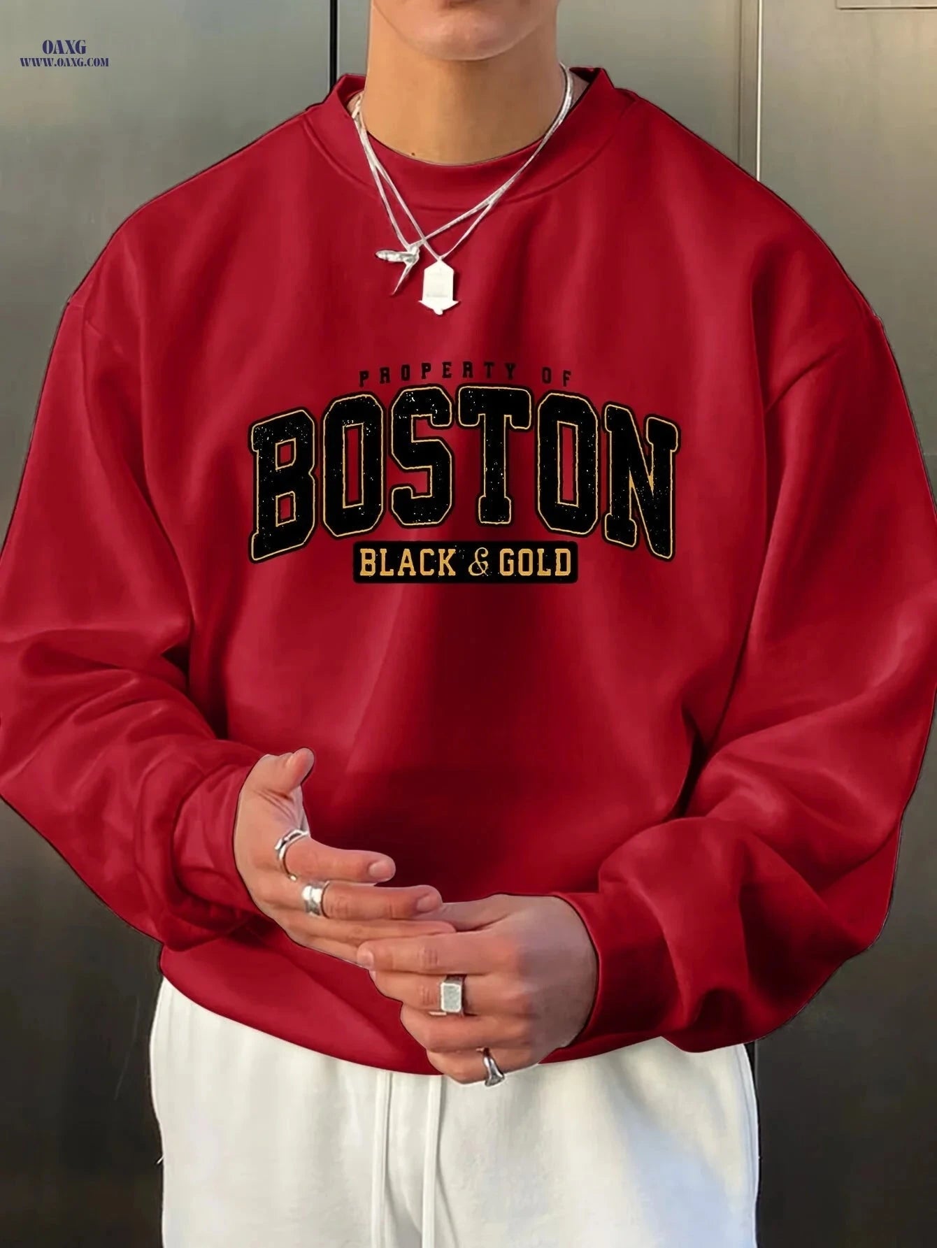 Men's Casual Black & Golden Letter Sweatshirt - Relaxed Fit Comfort   OAXG Navy Blue / FR M