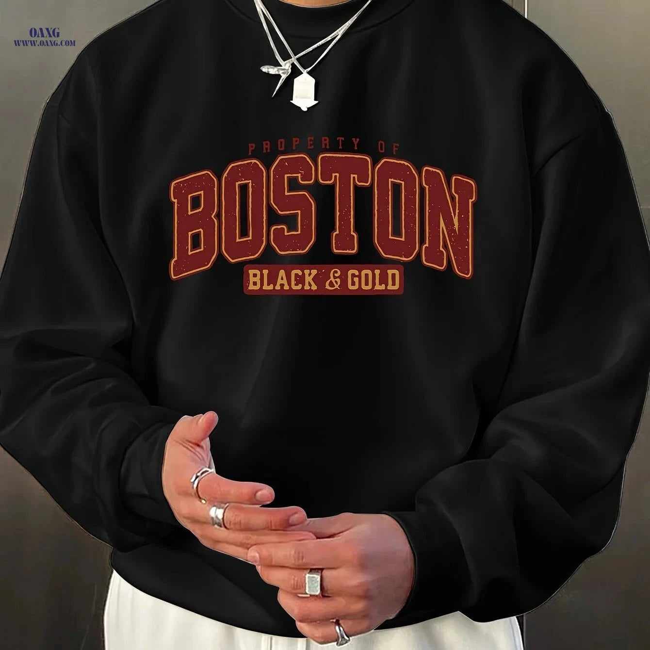 Men's Casual Black & Golden Letter Sweatshirt - Relaxed Fit Comfort   OAXG Navy Blue / FR M