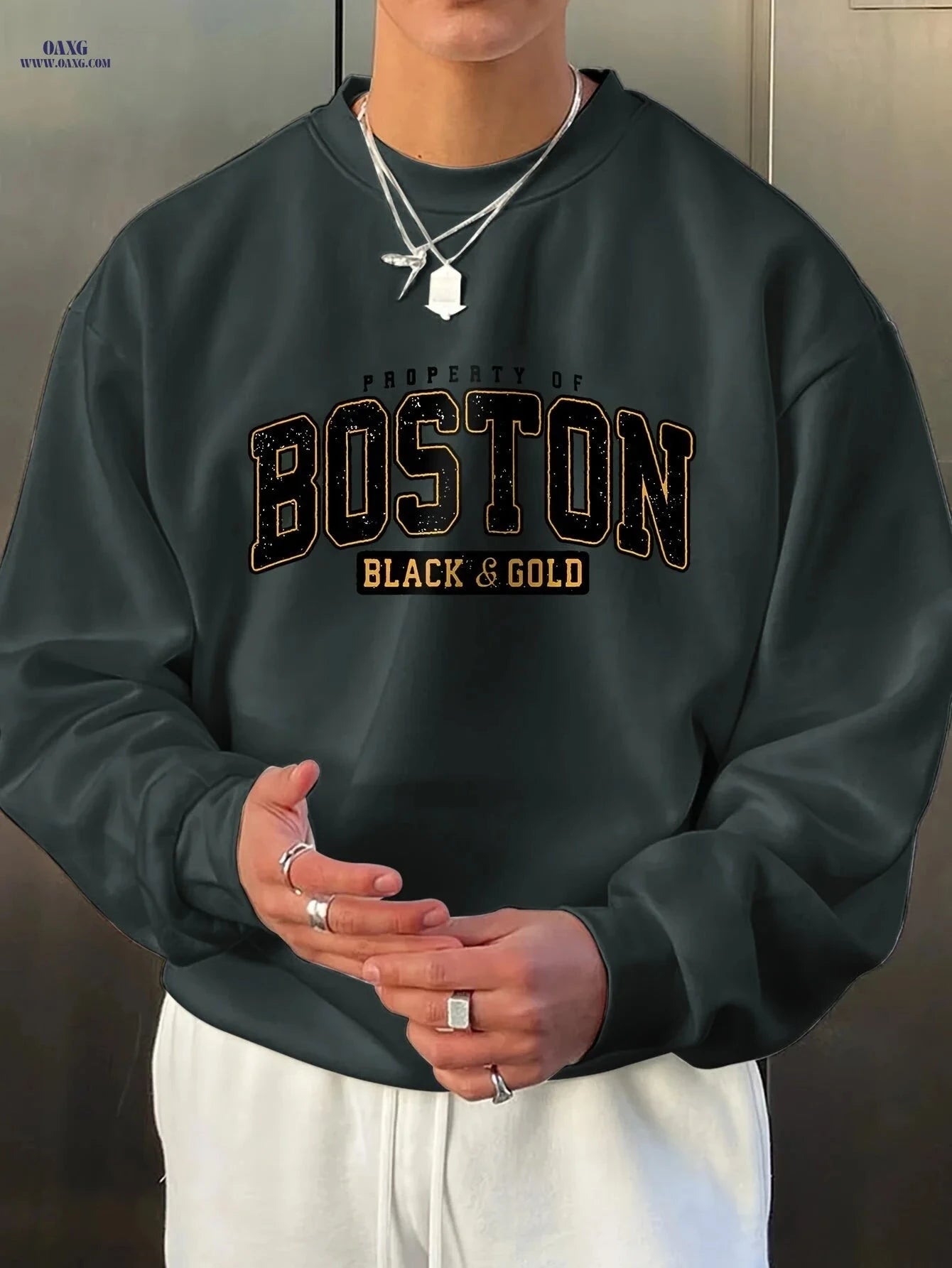 Men's Casual Black & Golden Letter Sweatshirt - Relaxed Fit Comfort   OAXG Navy Blue / FR M