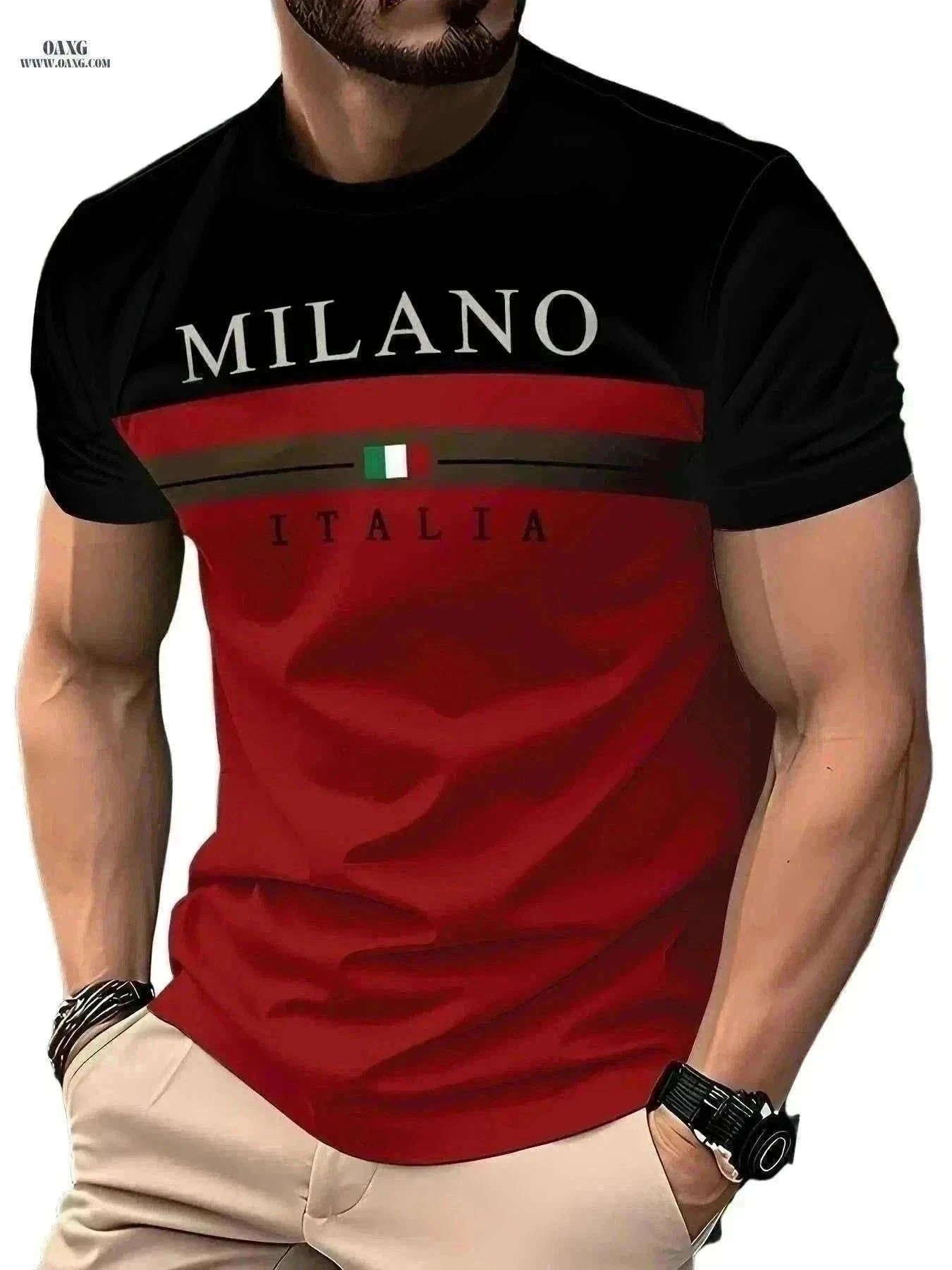 Men's Casual Black & Red Color Block T-Shirt - Breathable & Comfortable   OAXG Black Red / S