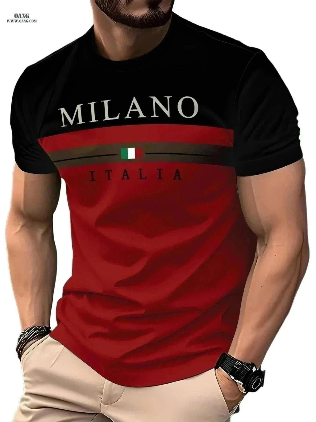 Men's Casual Black & Red Color Block T-Shirt - Breathable & Comfortable   OAXG Black Red / S