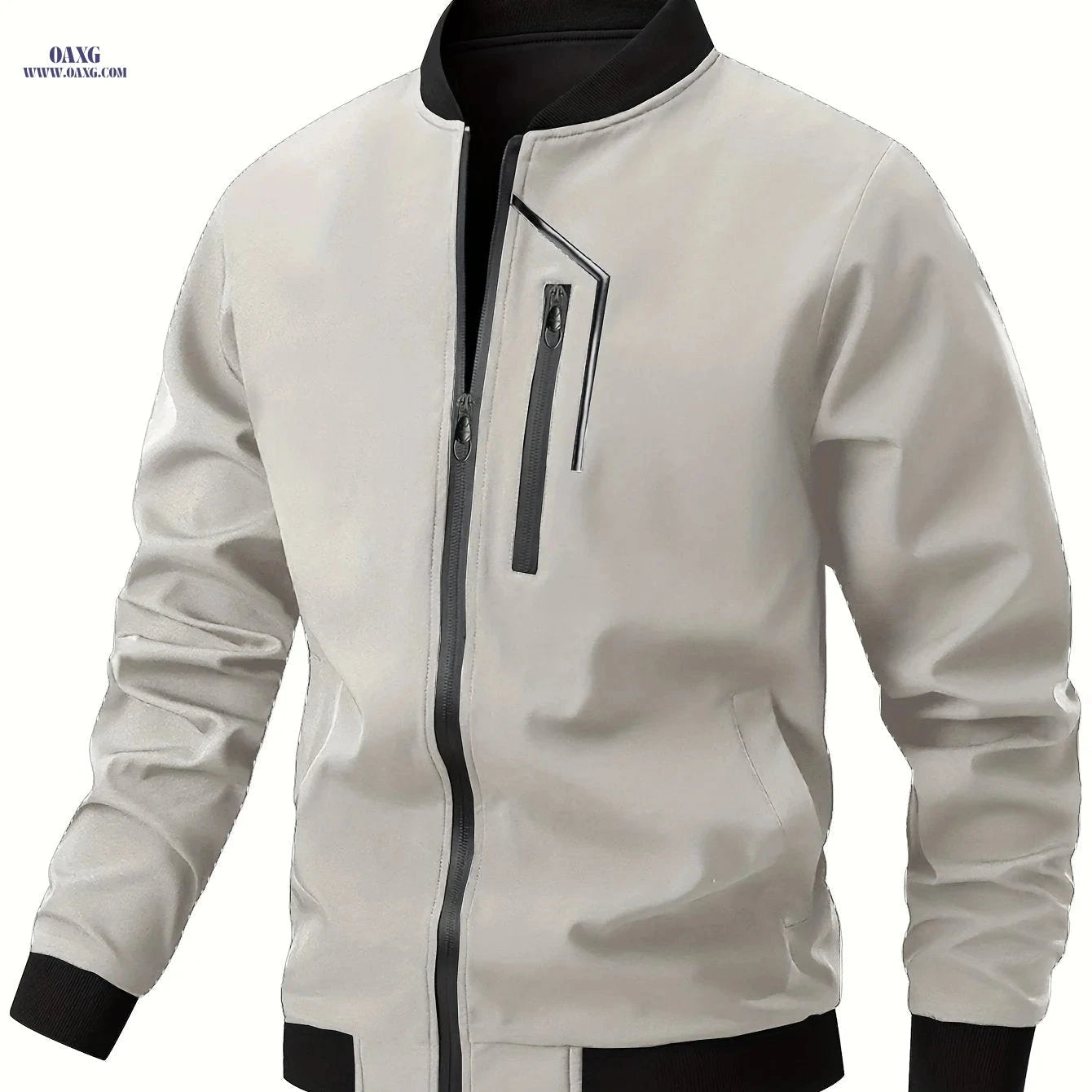 Men's Casual Bomber Jacket - Zipper Closure, Multiple Pockets, Spring-Autumn   OAXG Black / FR S