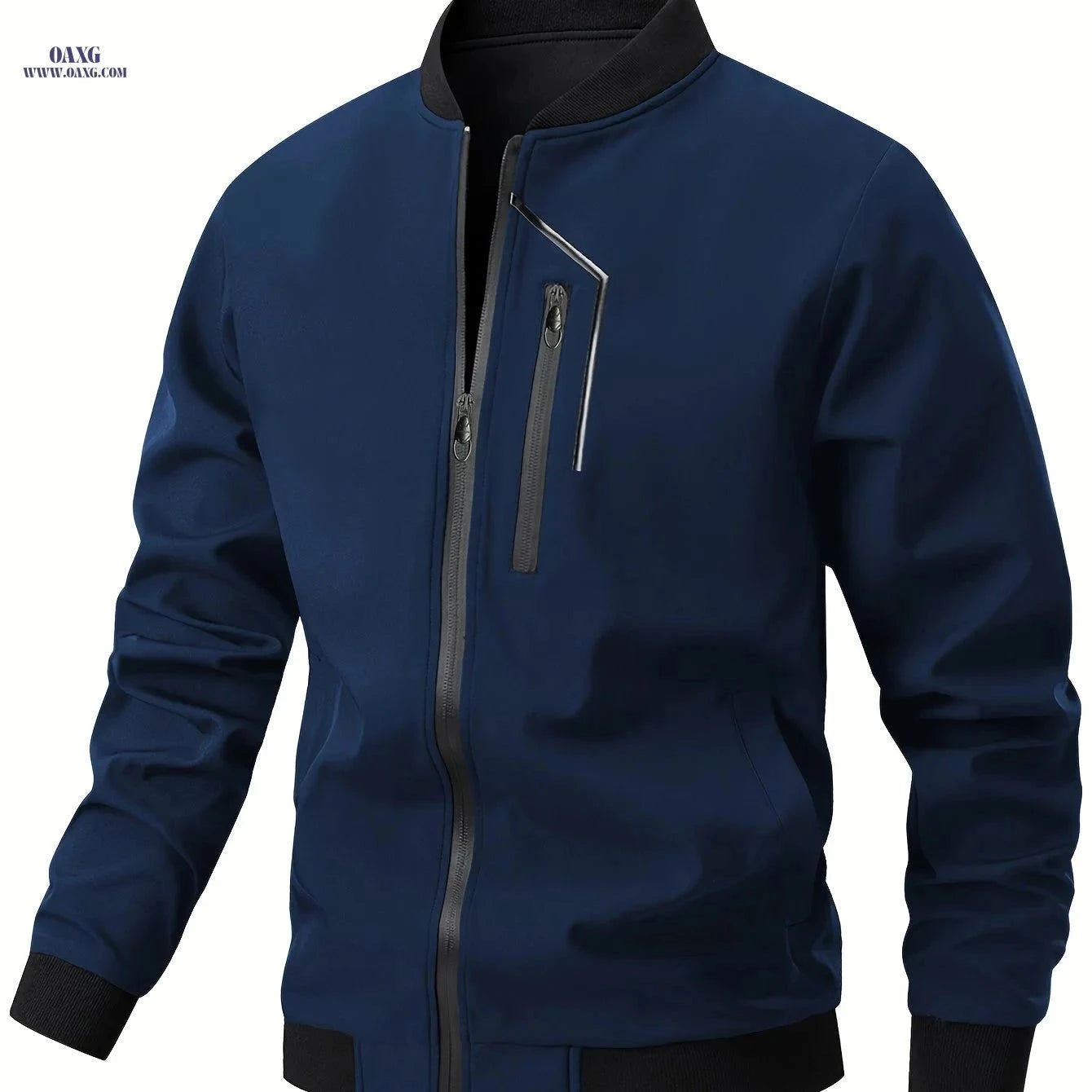 Men's Casual Bomber Jacket - Zipper Closure, Multiple Pockets, Spring-Autumn   OAXG Black / FR S