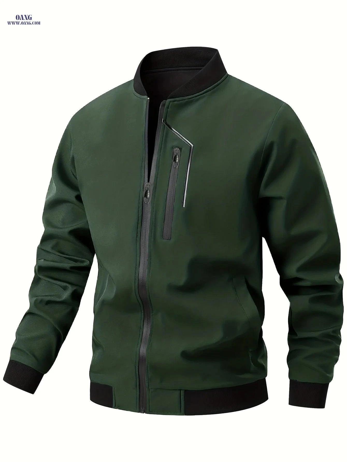 Men's Casual Bomber Jacket - Zipper Closure, Multiple Pockets, Spring-Autumn   OAXG Black / FR S