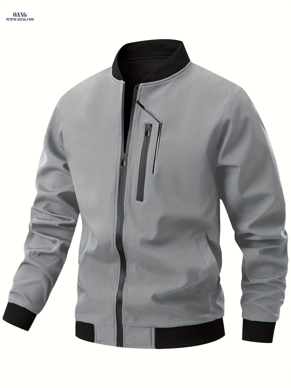 Men's Casual Bomber Jacket - Zipper Closure, Multiple Pockets, Spring-Autumn   OAXG Black / FR S