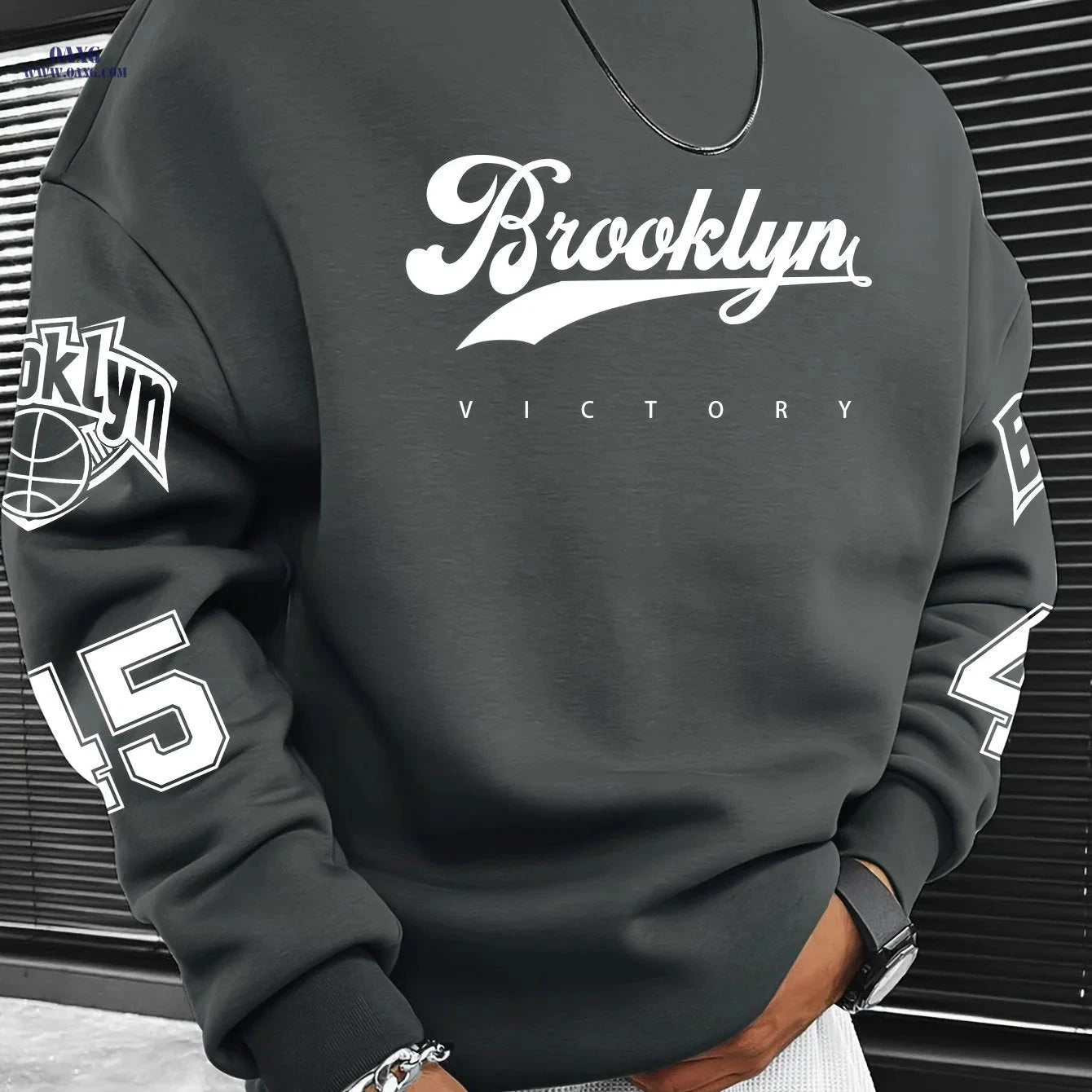 Men’s Casual Brooklyn Slogan Print Sweatshirt - Loose Fit, Round Neck   OAXG 
