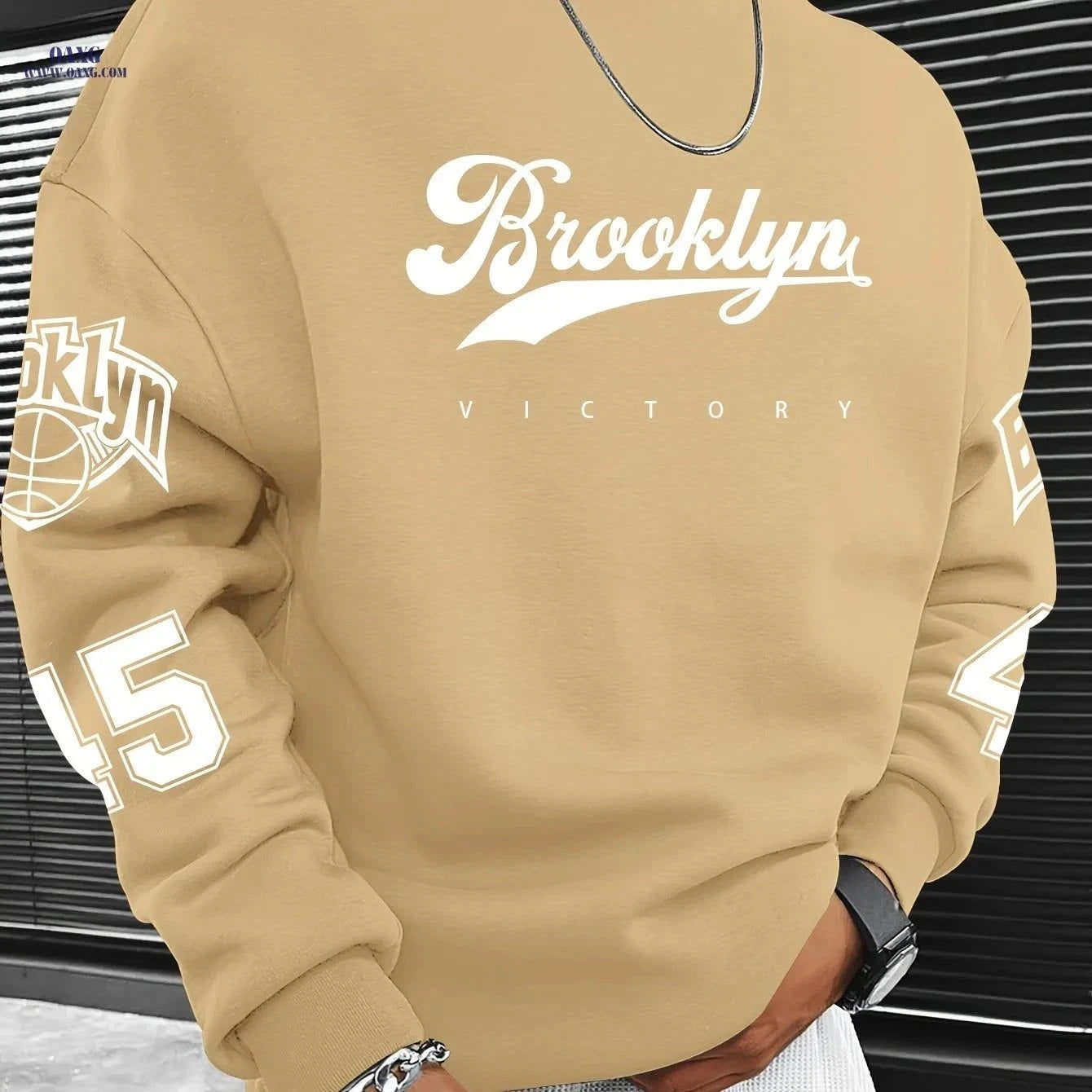 Men’s Casual Brooklyn Slogan Print Sweatshirt - Loose Fit, Round Neck   OAXG Dark Gray / FR S
