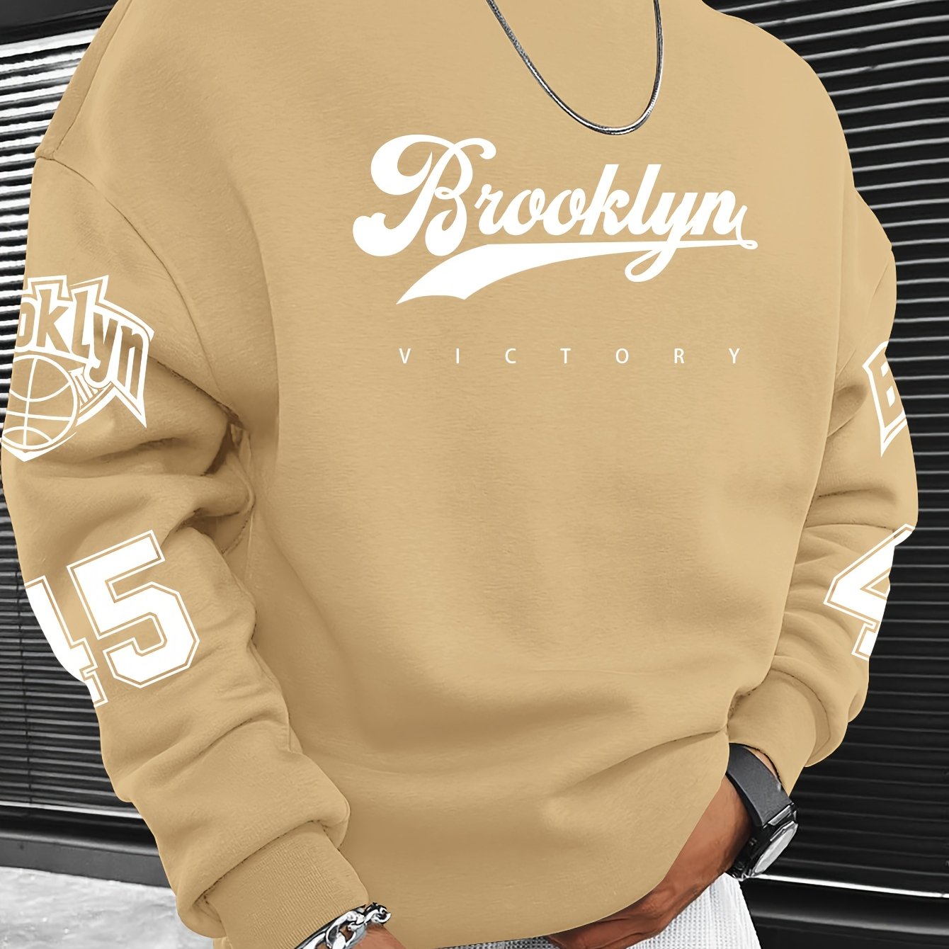 Men’s Casual Brooklyn Slogan Print Sweatshirt - Loose Fit, Round Neck   OAXG Dark Gray / FR S