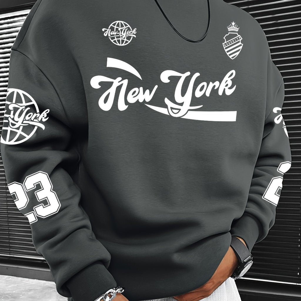 Men’s Casual Brooklyn Slogan Print Sweatshirt - Loose Fit, Round Neck   OAXG Dark Gray / FR S