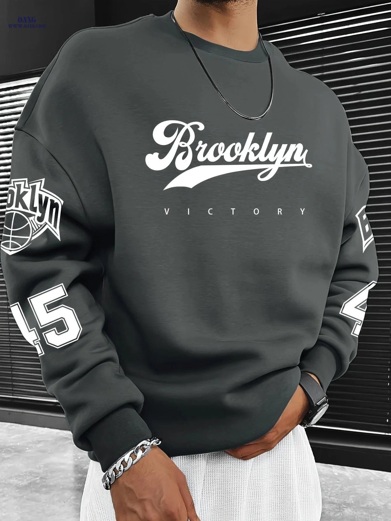 Men’s Casual Brooklyn Slogan Print Sweatshirt - Loose Fit, Round Neck   OAXG Dark Gray / FR S