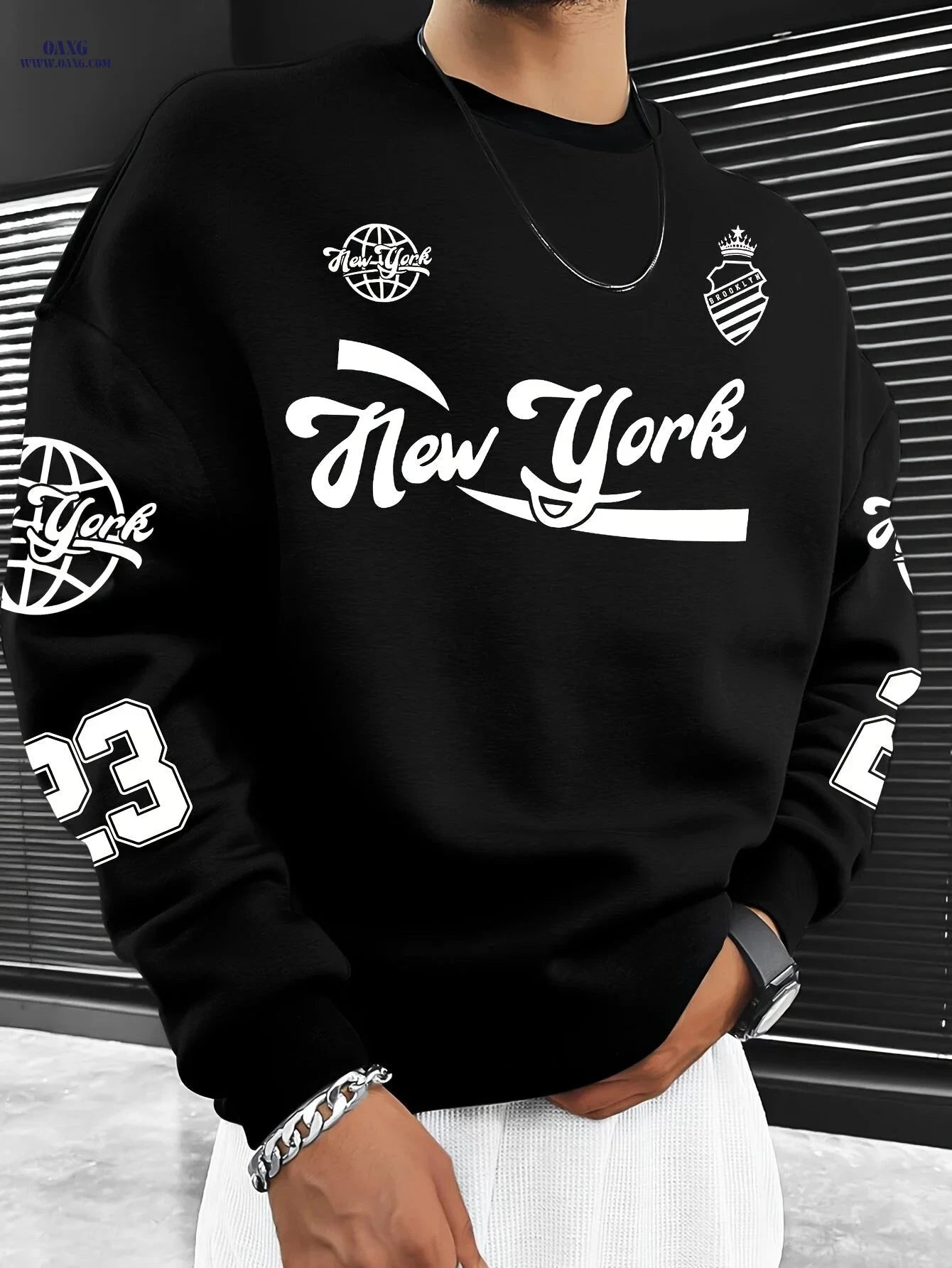 Men’s Casual Brooklyn Slogan Print Sweatshirt - Loose Fit, Round Neck   OAXG Dark Gray / FR S