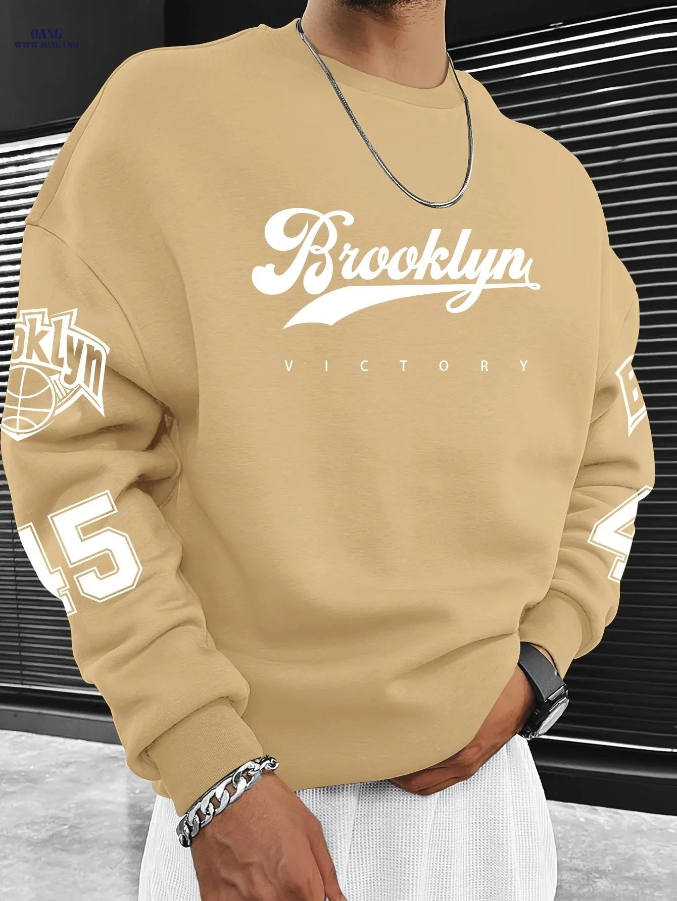Men’s Casual Brooklyn Slogan Print Sweatshirt - Loose Fit, Round Neck   OAXG Dark Gray / FR S