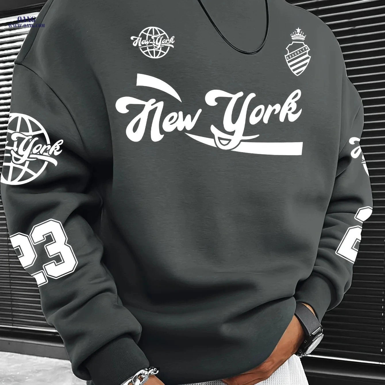 Men’s Casual Brooklyn Slogan Print Sweatshirt - Loose Fit, Round Neck   OAXG Dark Gray / FR S