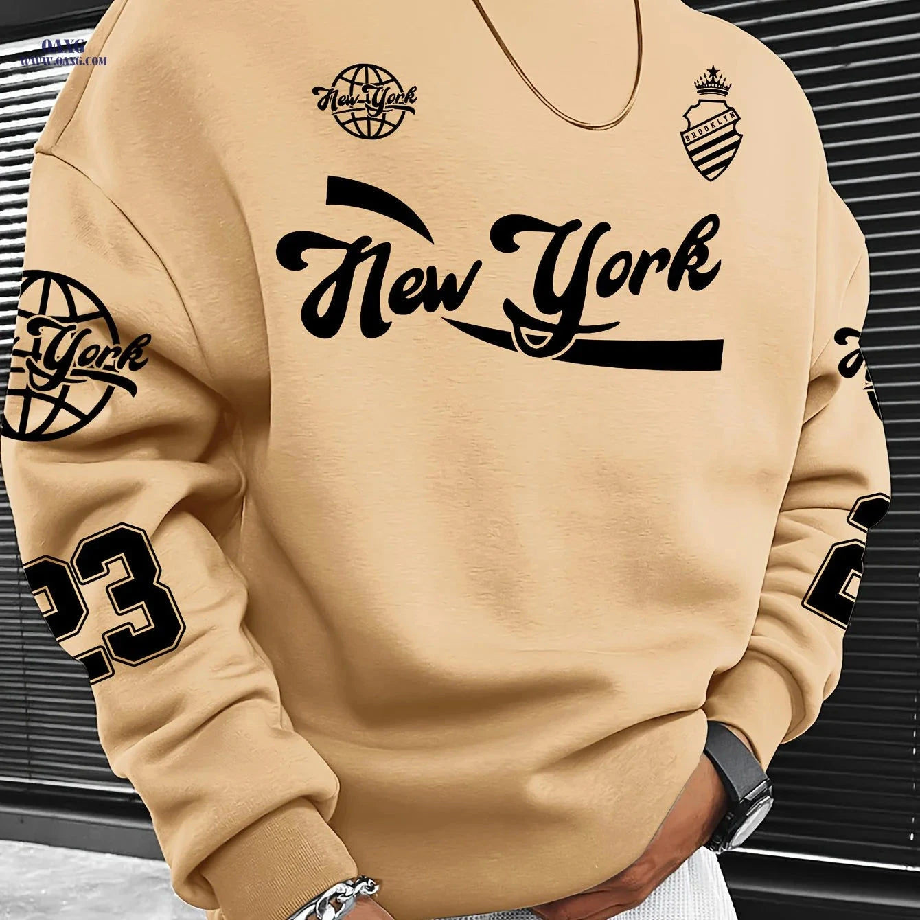 Men’s Casual Brooklyn Slogan Print Sweatshirt - Loose Fit, Round Neck   OAXG Dark Gray / FR S
