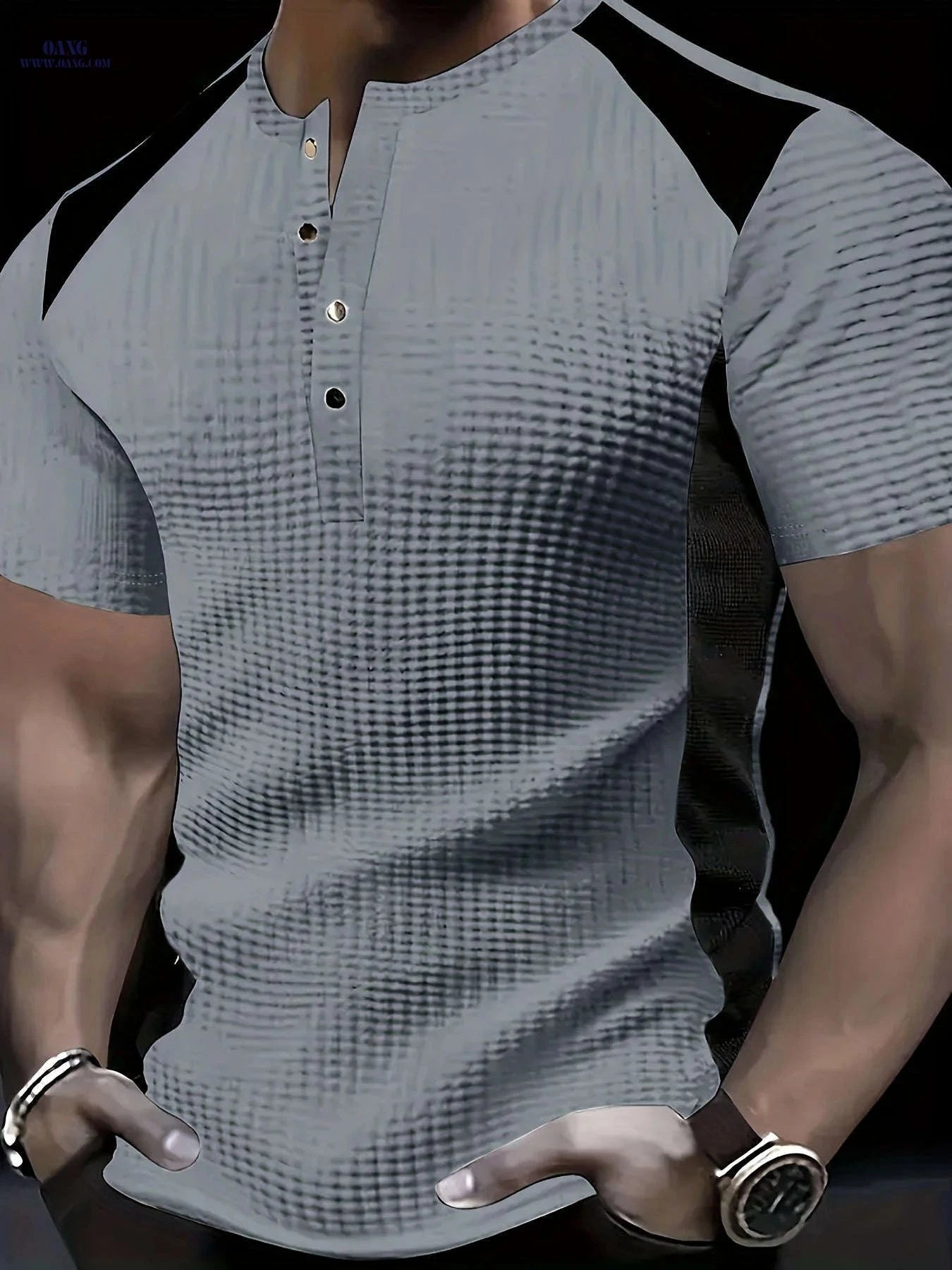 Men's Casual Business Shirt - Breathable Waffle Print Collar T-shirt   OAXG 