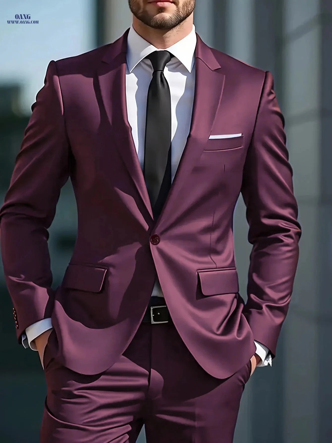 Men's Casual Business Two-Piece Suit - Solid Color, Lapel Collar   OAXG 