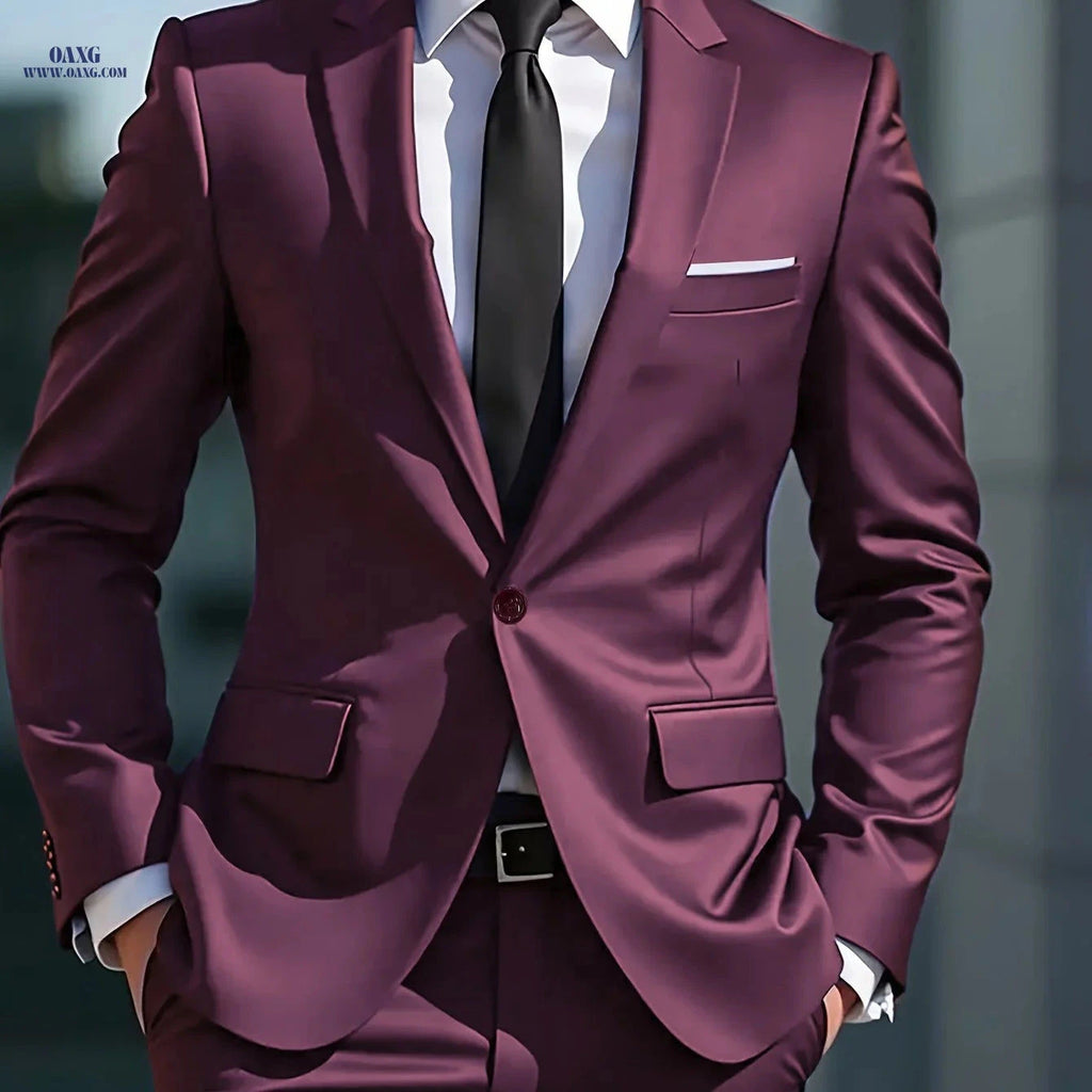 Men's Casual Business Two-Piece Suit - Solid Color, Lapel Collar   OAXG Burgundy / FR S