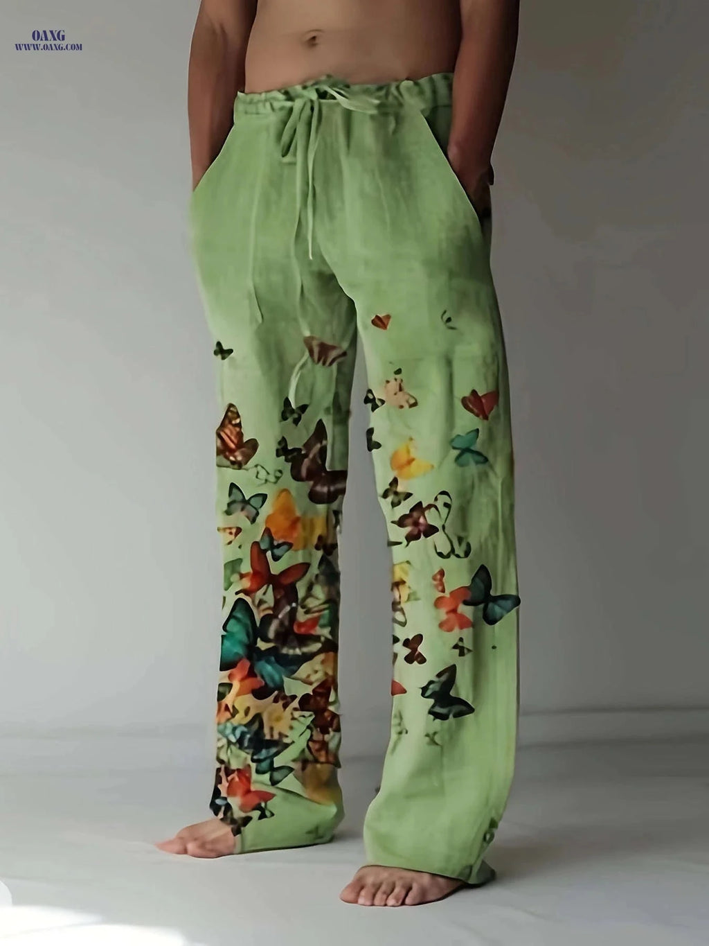 Men's Casual Butterfly Pattern Straight Leg Pants - Elastic Drawstring   OAXG 