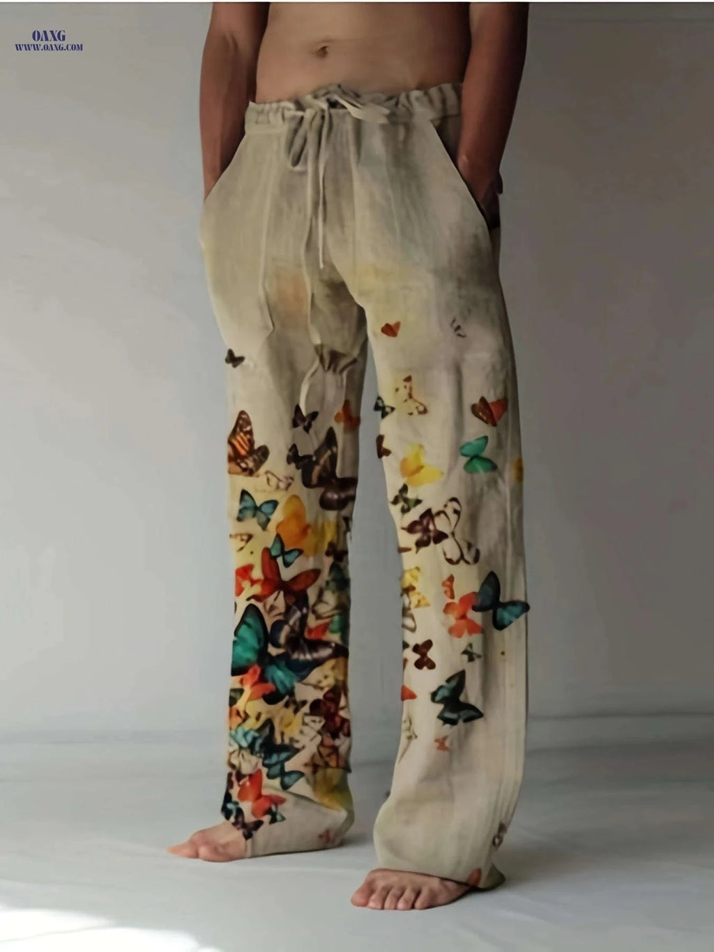 Men's Casual Butterfly Pattern Straight Leg Pants - Elastic Drawstring   OAXG 
