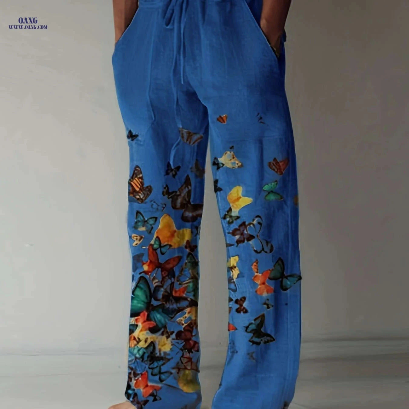 Men's Casual Butterfly Pattern Straight Leg Pants - Elastic Drawstring   OAXG 