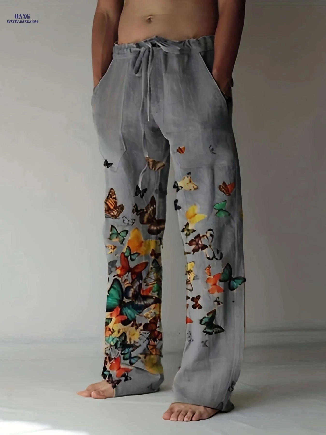 Men's Casual Butterfly Pattern Straight Leg Pants - Elastic Drawstring   OAXG 