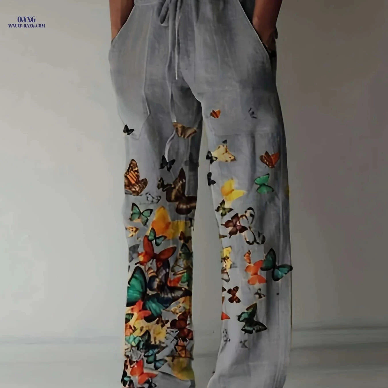 Men's Casual Butterfly Pattern Straight Leg Pants - Elastic Drawstring   OAXG 