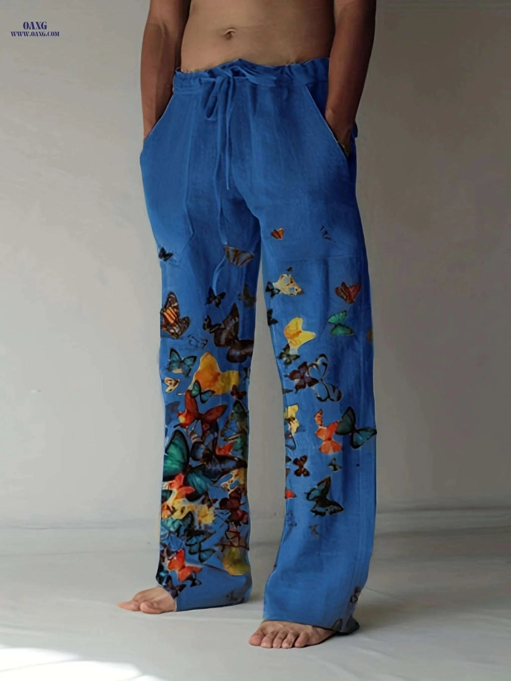 Men's Casual Butterfly Pattern Straight Leg Pants - Elastic Drawstring   OAXG 