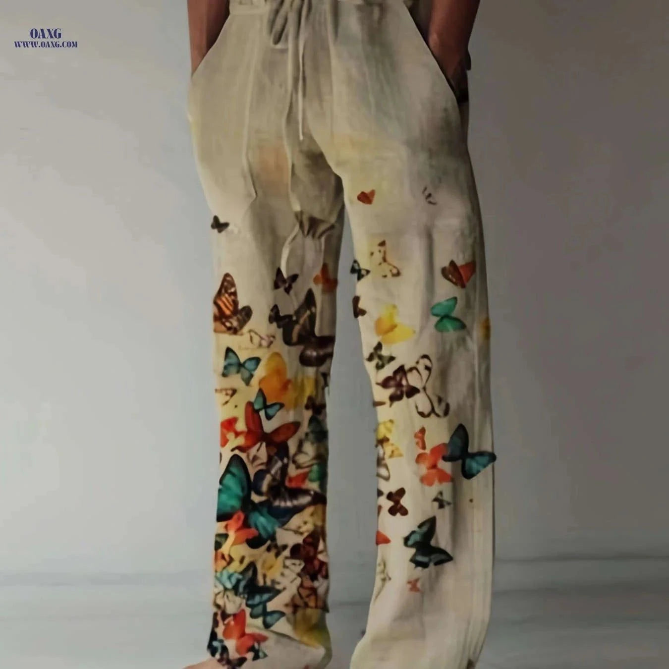 Men's Casual Butterfly Pattern Straight Leg Pants - Elastic Drawstring   OAXG White / FR S