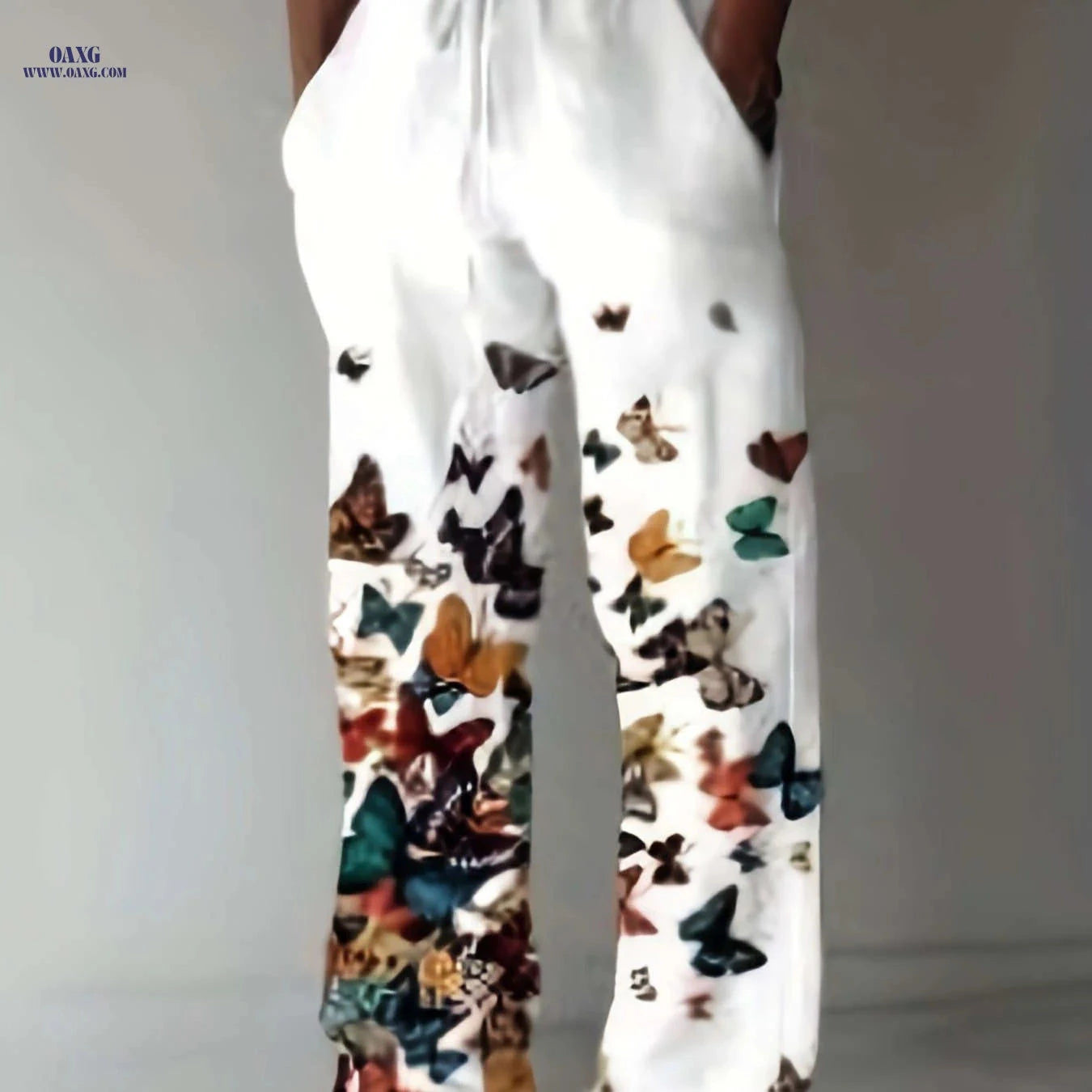 Men's Casual Butterfly Pattern Straight Leg Pants - Elastic Drawstring   OAXG White / FR S