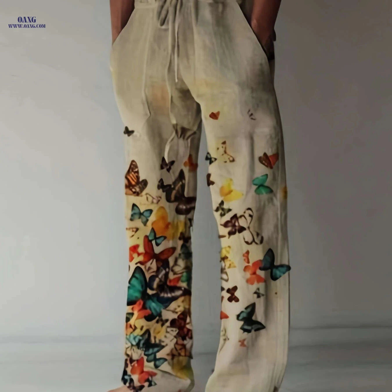 Men's Casual Butterfly Pattern Straight Leg Pants - Elastic Drawstring   OAXG White / FR S