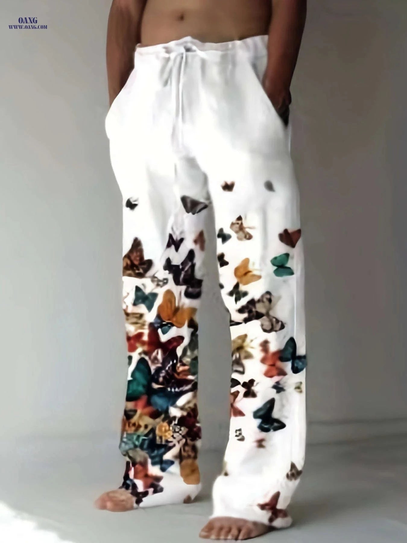 Men's Casual Butterfly Pattern Straight Leg Pants - Elastic Drawstring   OAXG 