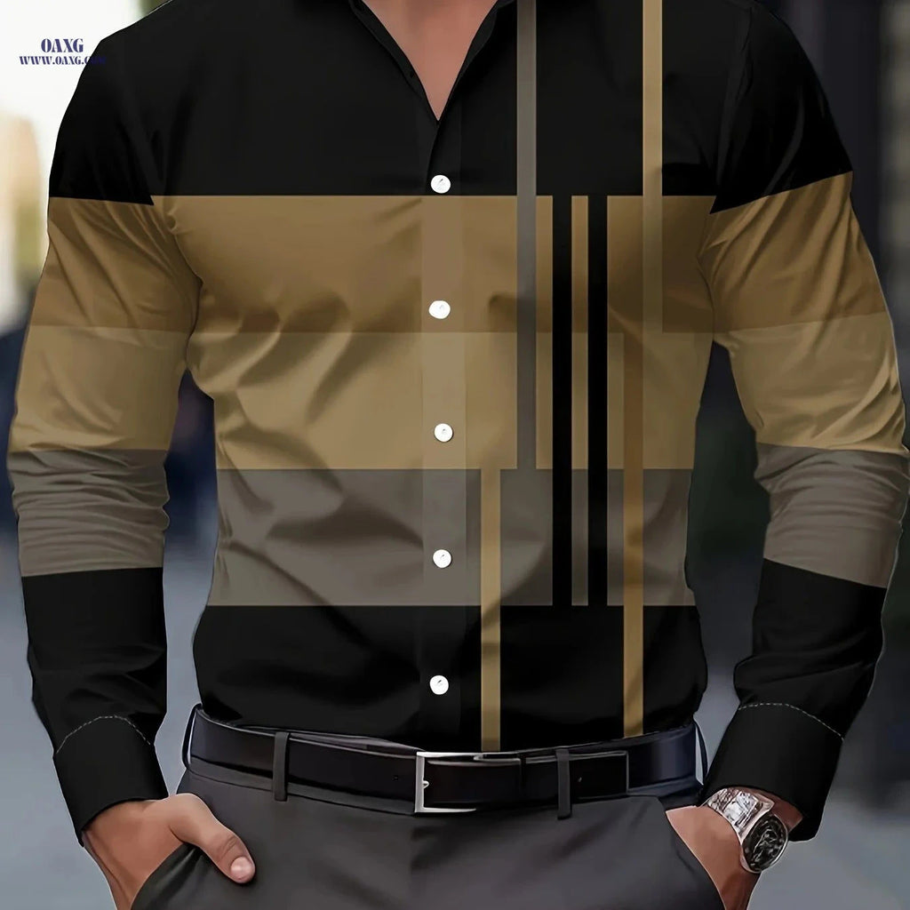 Men's Casual Button-Up Shirt - Stylish Print for Spring/Fall Wear   OAXG 【Brown】 / FR S