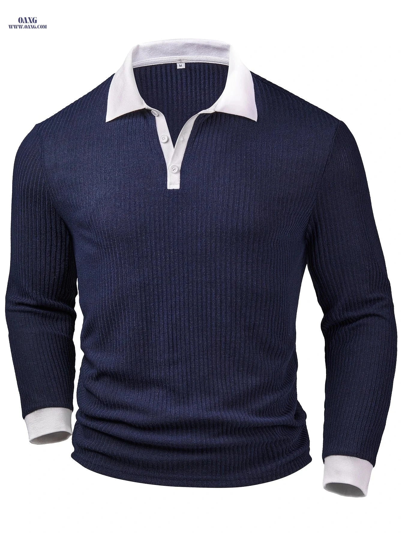 Men's Casual Button-Up Top - Ribbed Fabric, Contrast Collar Style   OAXG Navy Color / FR S