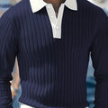 Men's Casual Button-Up Top - Ribbed Fabric, Contrast Collar Style   OAXG Navy Color / FR S