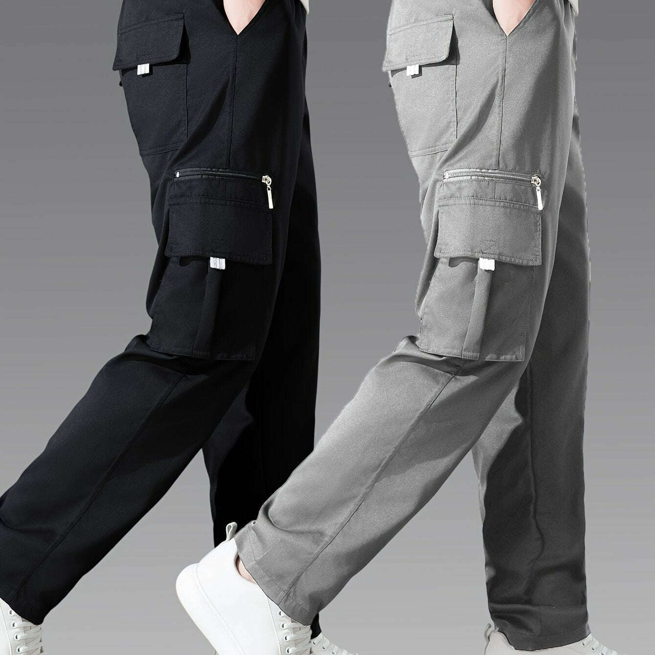 Men's Casual Cargo Pants 2-Pack - Loose Fit, Multi-Pocket Style   OAXG Black*Royal Blue / S