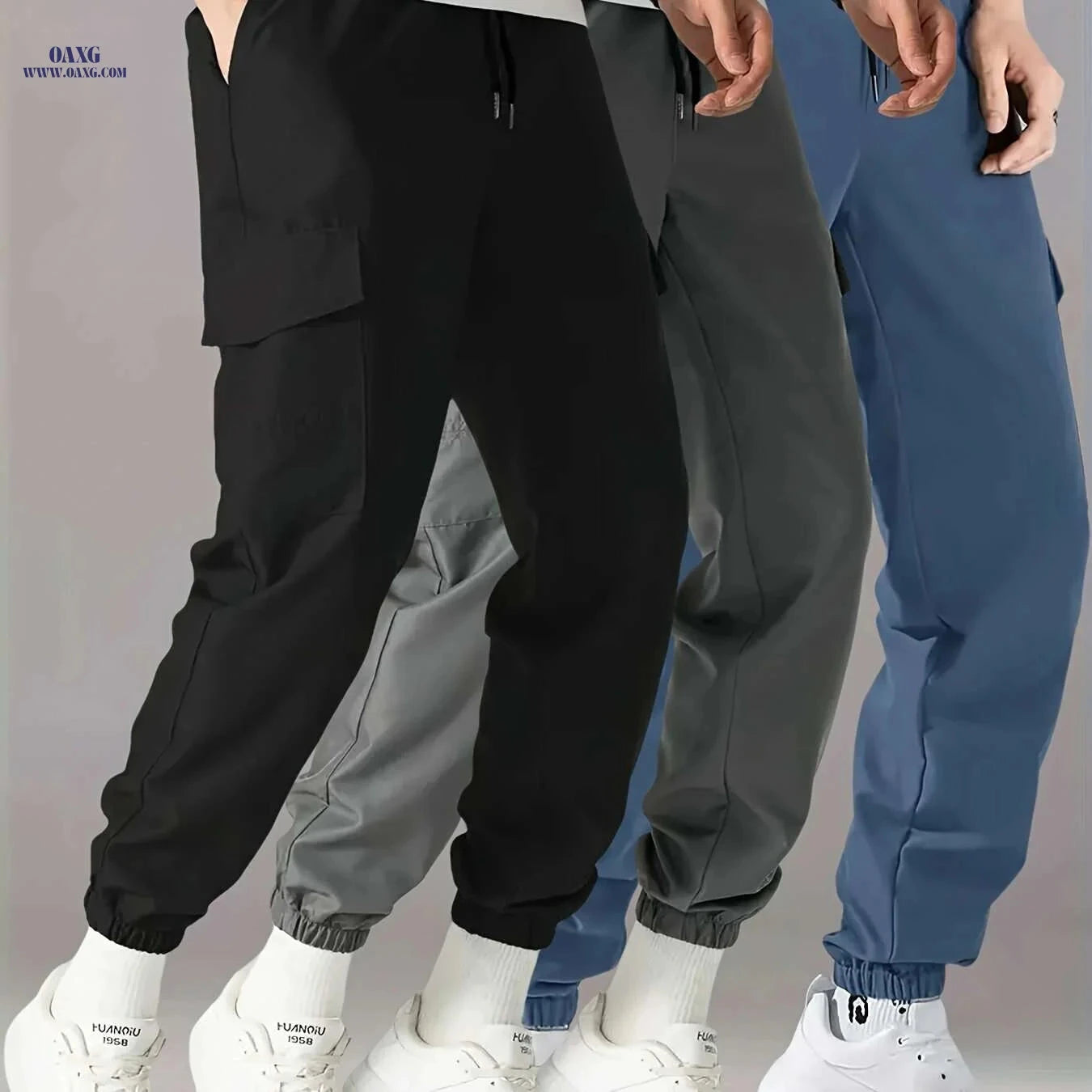Men's Casual Cargo Pants 3-Pack - Drawstring Waist, Multiple Pockets   OAXG 