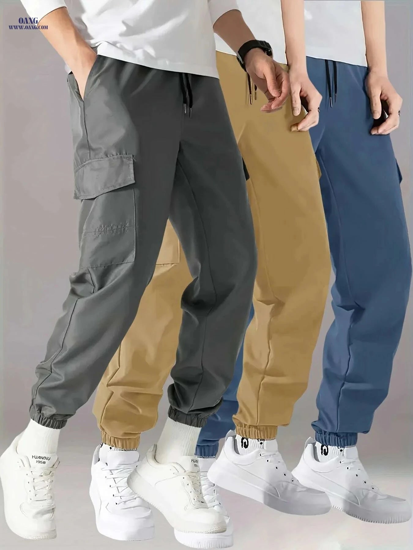 Men's Casual Cargo Pants 3-Pack - Drawstring Waist, Multiple Pockets   OAXG 