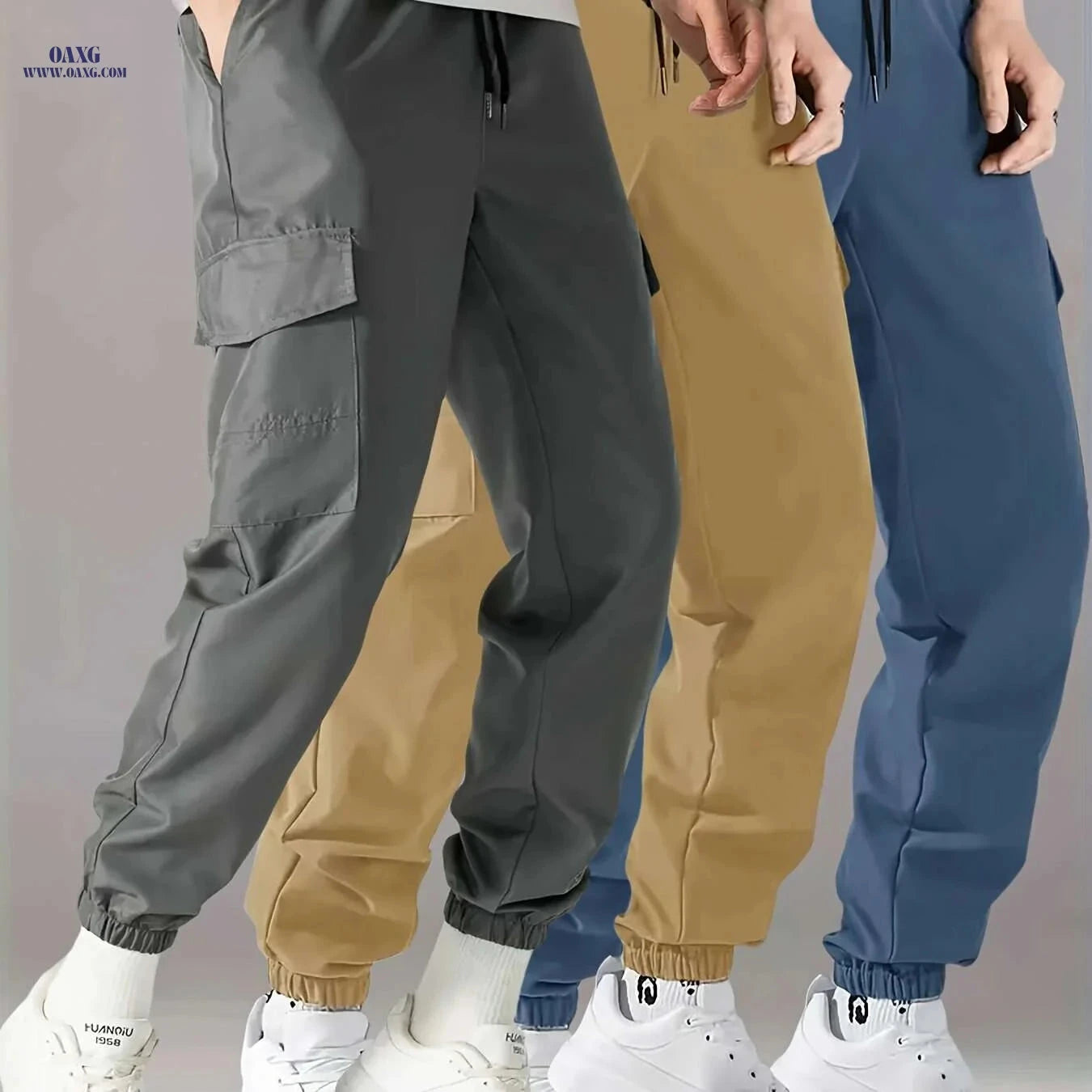 Men's Casual Cargo Pants 3-Pack - Drawstring Waist, Multiple Pockets   OAXG Black+gray+blue / S