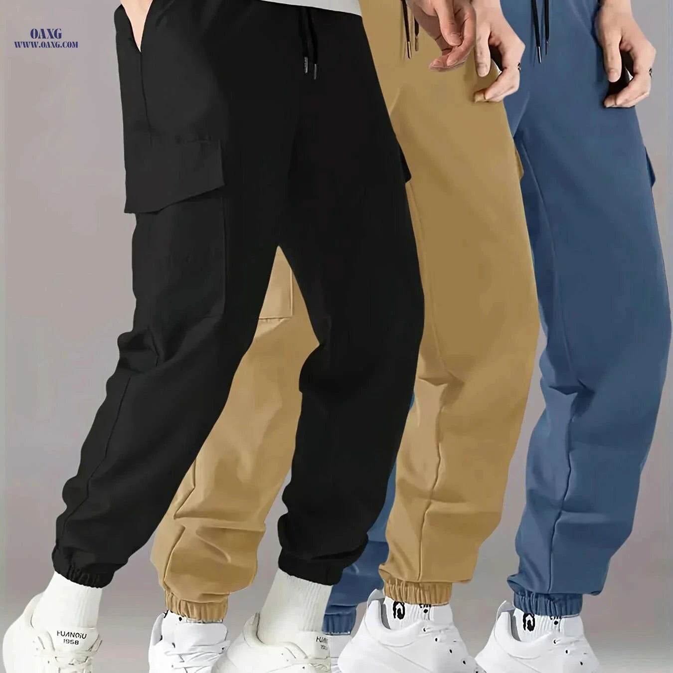 Men's Casual Cargo Pants 3-Pack - Drawstring Waist, Multiple Pockets   OAXG Black+gray+blue / S
