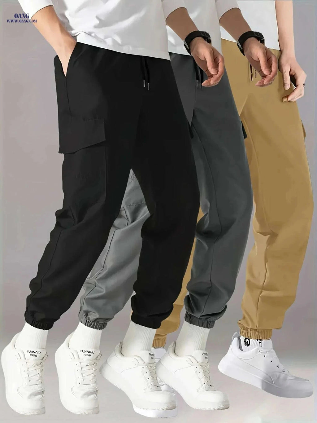 Men's Casual Cargo Pants 3-Pack - Drawstring Waist, Multiple Pockets   OAXG Black+gray+blue / S