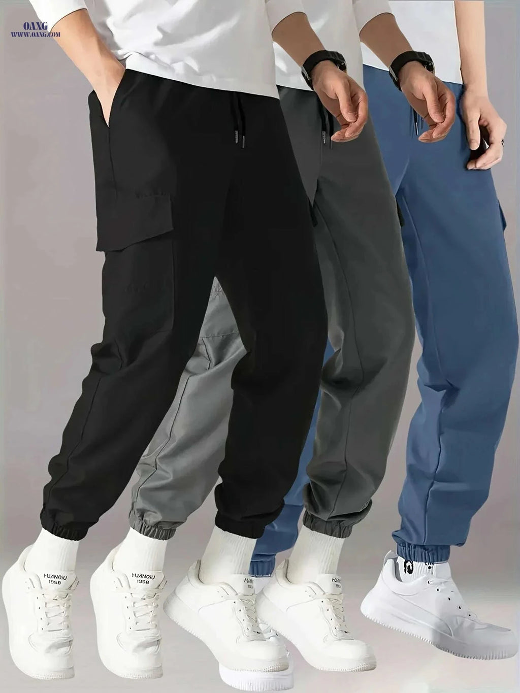 Men's Casual Cargo Pants 3-Pack - Drawstring Waist, Multiple Pockets   OAXG Black+gray+blue / S