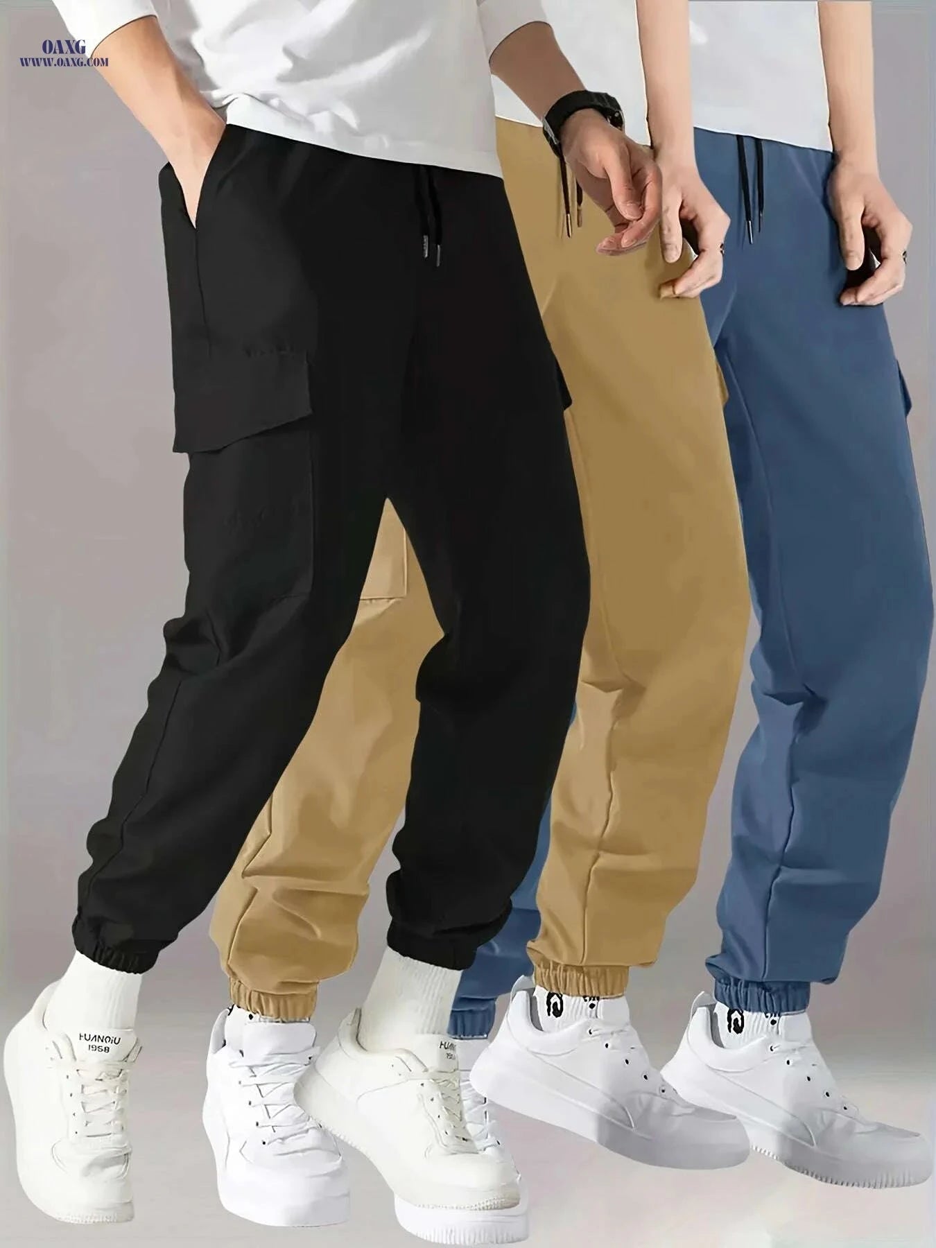 Men's Casual Cargo Pants 3-Pack - Drawstring Waist, Multiple Pockets   OAXG 