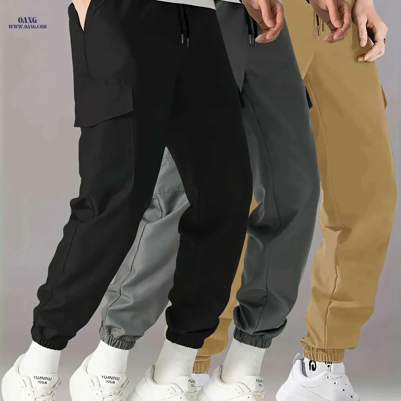 Men's Casual Cargo Pants 3-Pack - Drawstring Waist, Multiple Pockets   OAXG 