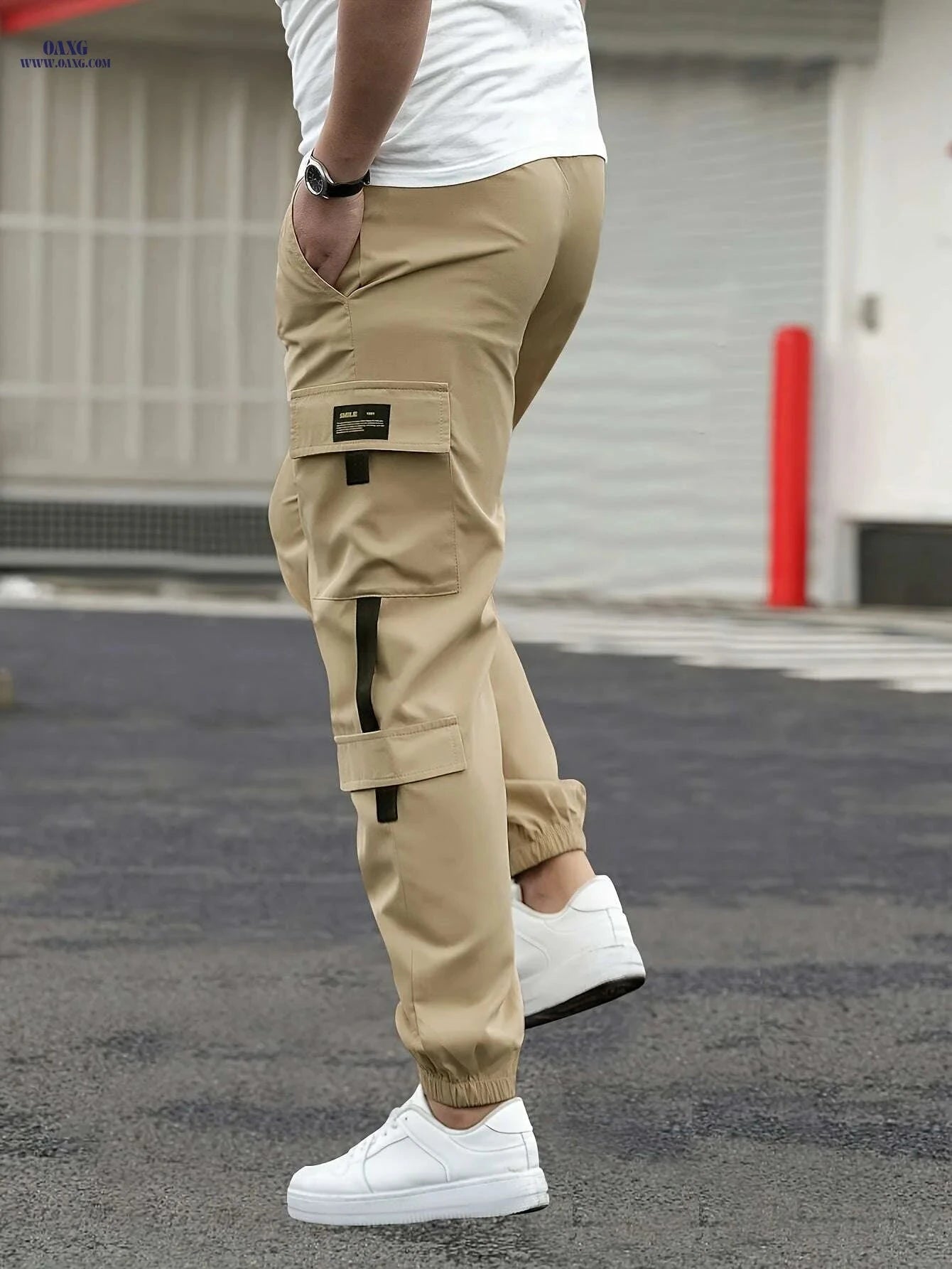 Men's Casual Cargo Pants - Beige Loose Fit with Multiple Pockets   OAXG Khaki / S