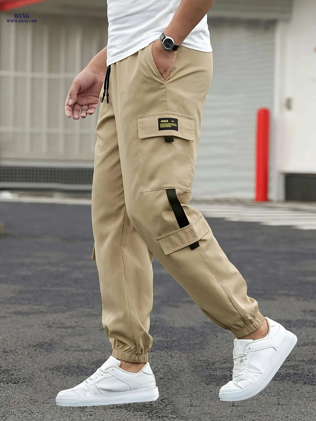 Men's Casual Cargo Pants - Beige Loose Fit with Multiple Pockets   OAXG Khaki / S