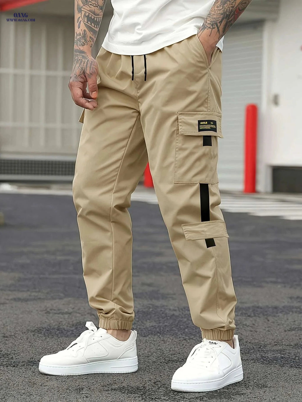 Men's Casual Cargo Pants - Beige Loose Fit with Multiple Pockets   OAXG Khaki / S