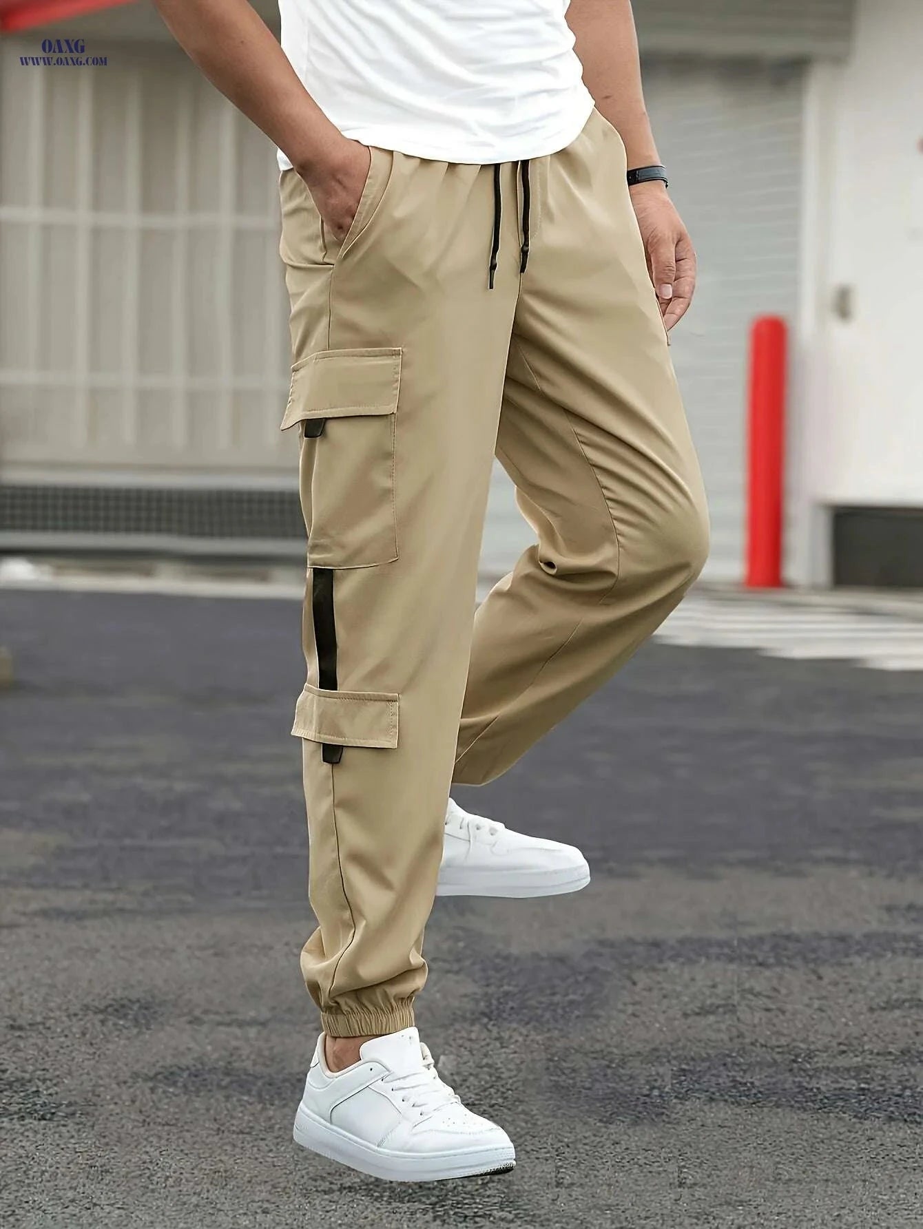Men's Casual Cargo Pants - Beige Loose Fit with Multiple Pockets   OAXG Khaki / S
