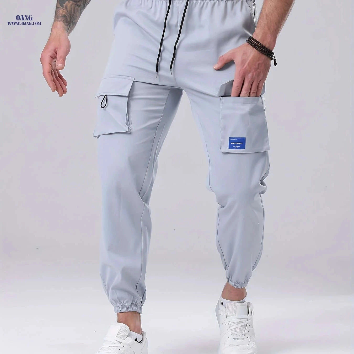 Men's Casual Cargo Pants - Drawstring, Mid-Waist, Multiple Pockets   OAXG 