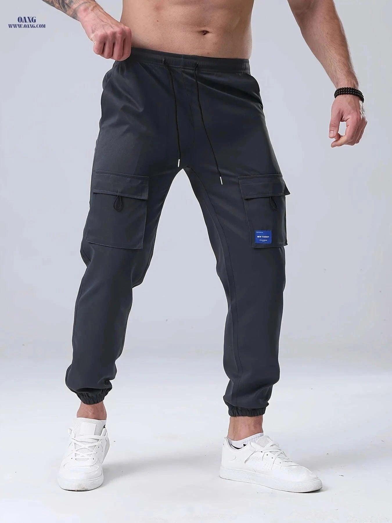 Men's Casual Cargo Pants - Drawstring, Mid-Waist, Multiple Pockets   OAXG Grey / FR S